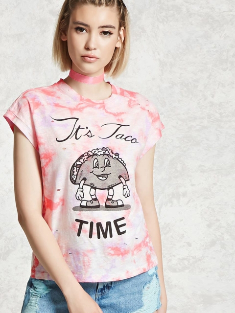 

FOREVER 21 Women Off-White & Coral Pink Dyed Round Neck T-shirt