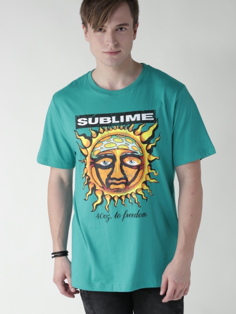 

FOREVER 21 Men Turquoise Green Printed Round Neck T-shirt