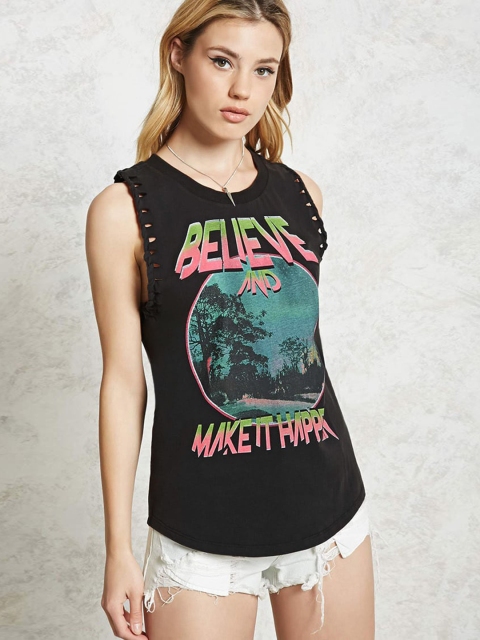 

FOREVER 21 Women Black Printed Round Neck T-shirt