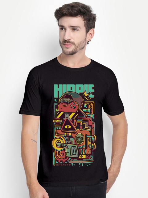 

THREADCURRY Men Black Printed Cotton T-shirt