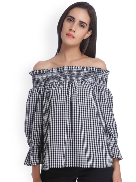 

Vero Moda Women Black & White Checked Bardot Pure Cotton Top