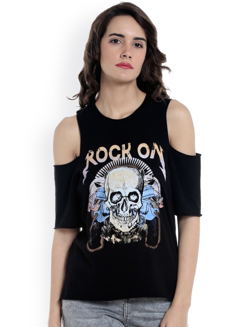 

Vero Moda Women Black Printed Cold-Shoulder Pure Cotton Top