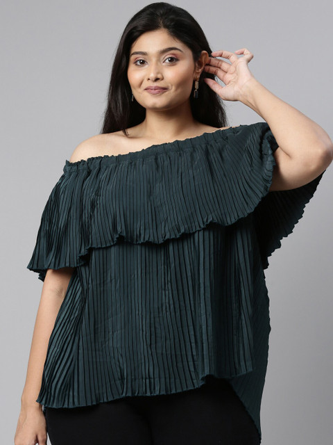 

The Pink Moon Plus Size Women Green Off-Shoulder Accordion Pleats Georgette Bardot Top