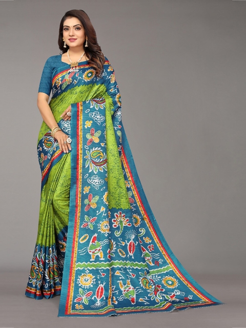 

KALINI Green & Orange Floral Art Silk Saree