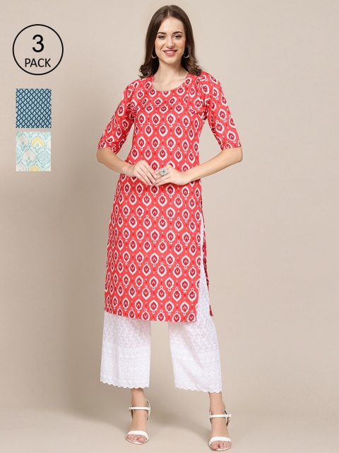 

Ethnic basket Women Pack Of 3 Red & Green Geometric Printed Block Print Crepe Kurtas