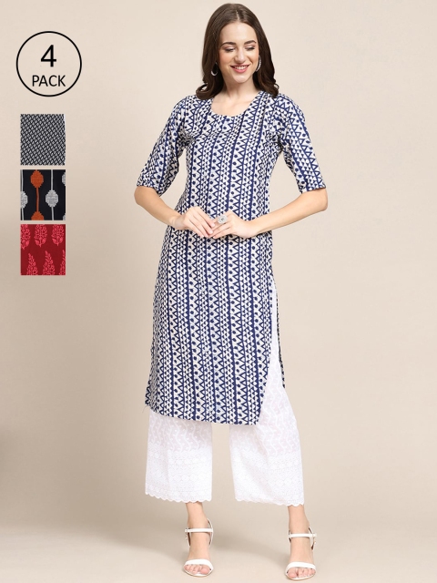 

Ethnic basket Pack of 4 Women Blue & Black Printed Crepe Kurta