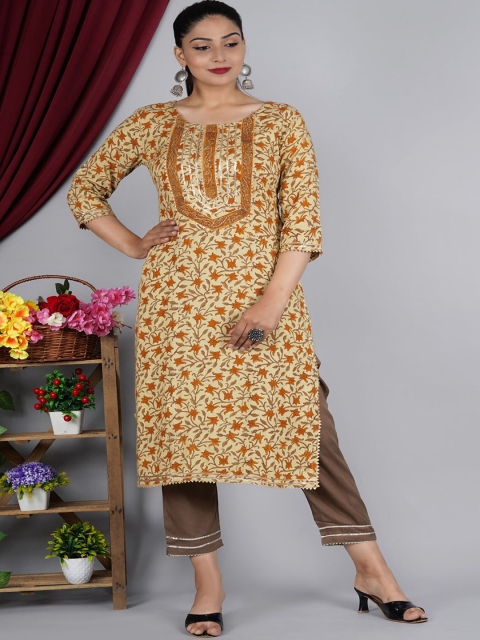 

Mishpra Women Floral Printed Kurta with Trousers & Dupatta, Brown