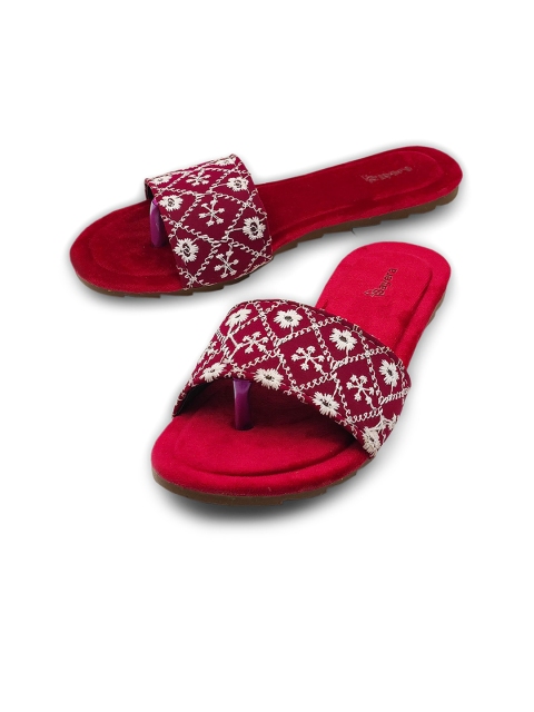 

Sayera Women Embellished Ethnic Open Toe Flats with Embroidered, Red
