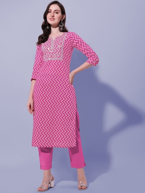 

MIRCHI FASHION Women Pink & White Geometric Printed Gotta Patti Kurta
