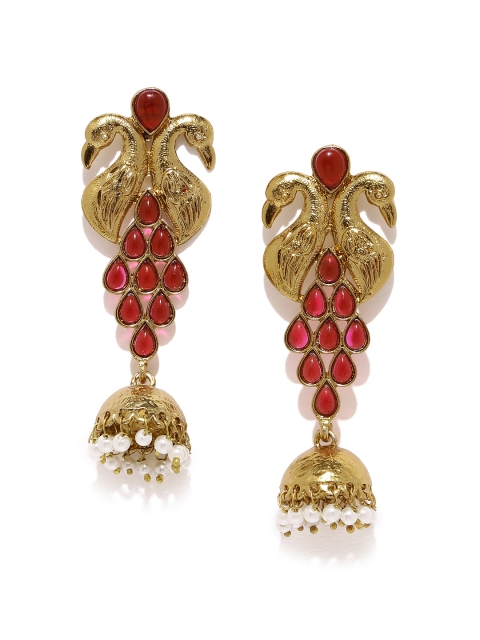 

Fida Antique Gold-Toned & Magenta Contemporary Jhumkas