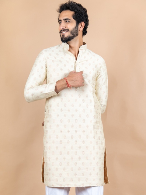 

Tistabene Men Beige Geometric Cotton Woven Design Kurta