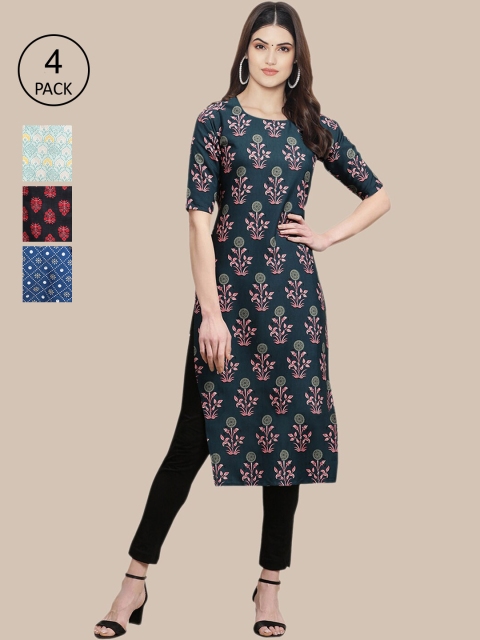 

Ethnic basket Women Pack Of 4 Ethnic Motifs Printed Block Print Crepe Kurta, Multi