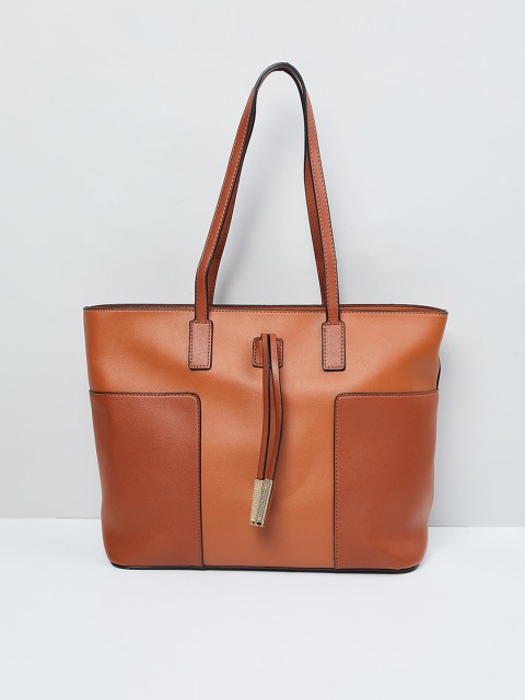

max Tan Colourblocked PU Oversized Structured Shoulder Bag with Tasselled