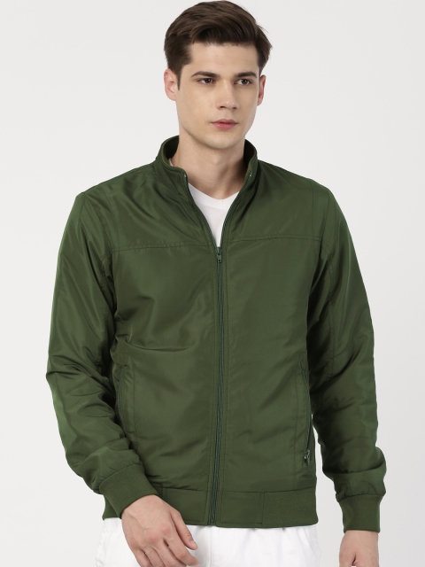 

ether Men Olive Green Solid Bomber Jacket