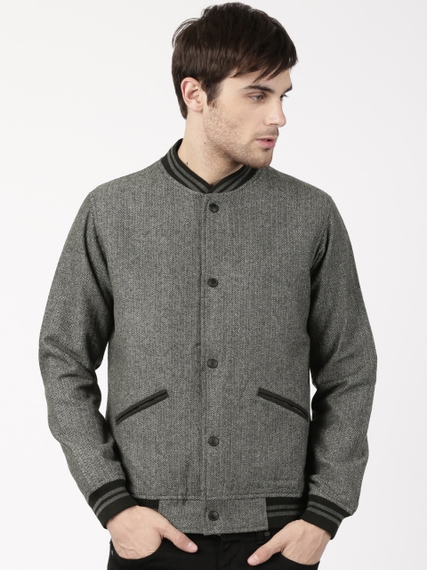 

ether Men Charcoal Grey Self Design Bomber Jacket