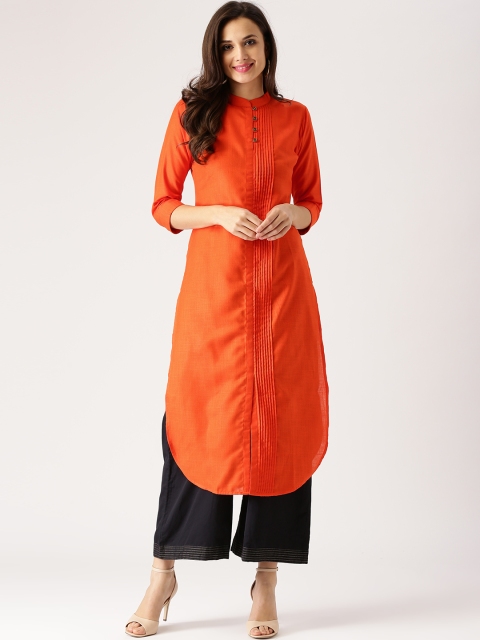 

Libas Women Orange Solid Straight Kurta with Tucks
