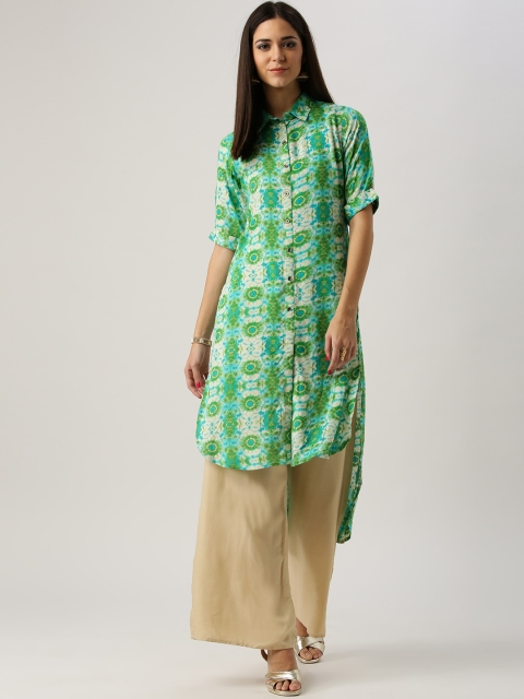 

Libas Women Green & Off-White Printed Pathani Kurta