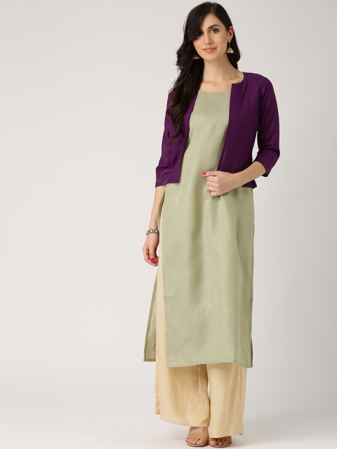 Libas Women Olive Green Solid Straight Kurta with Ethnic Jacket available at myntra for Rs.299