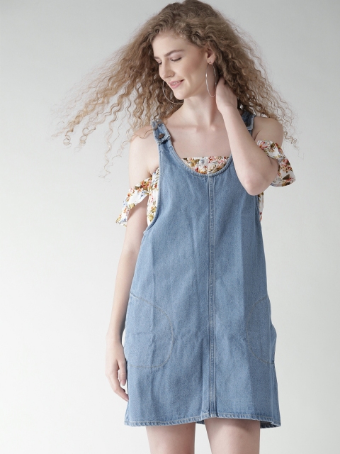 

FOREVER 21 Women Blue Solid Denim Pinafore Dress
