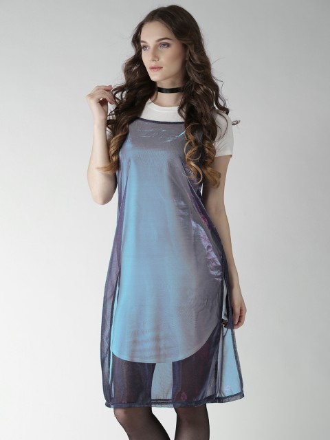 

FOREVER 21 Women Teal Blue Dual-Toned Solid Sheer A-Line Dress