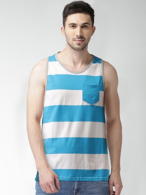 

Aeropostale Men Turquoise Blue & White Striped Sleeveless T-shirt