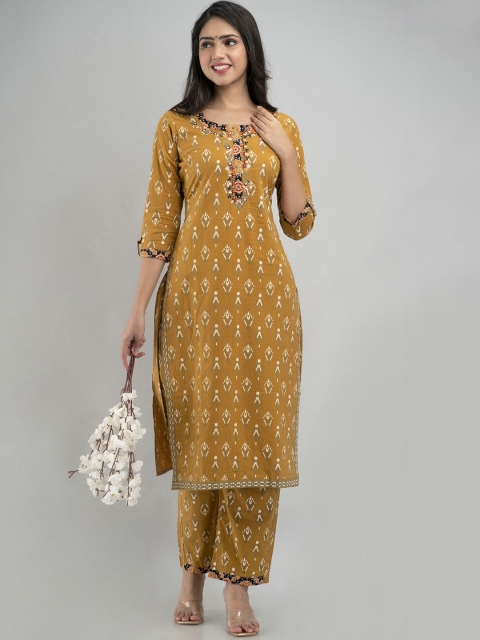 

PREKSHA Women Ethnic Motifs Printed Pure Cotton Kurta with Trousers, Tan