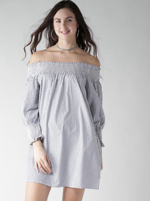 

FOREVER 21 Women Blue & White Striped Off-Shoulder A-Line Dress