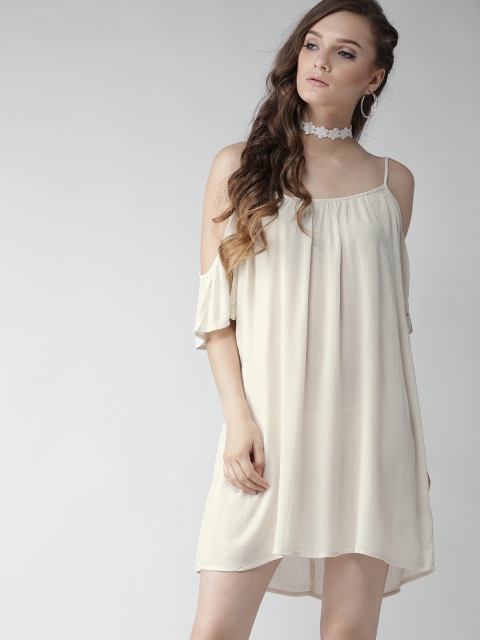 

FOREVER 21 Women Off-White Solid A-Line Cold Shoulder Dress