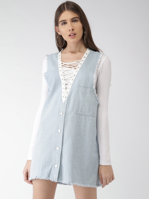 

FOREVER 21 Women Blue Solid A-Line Denim Dress