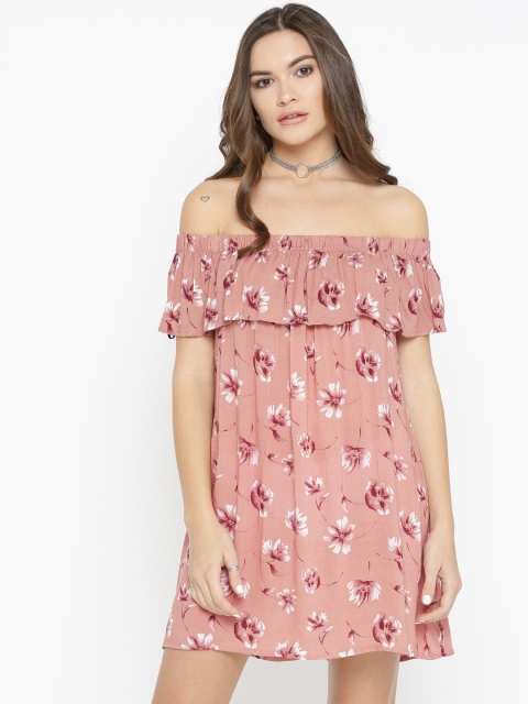 

FOREVER 21 Women Dusty Pink Printed Off-Shoulder A-Line Dress