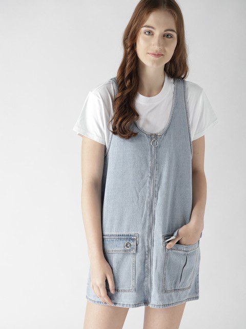 

FOREVER 21 Women Blue Solid Denim Shift Dress