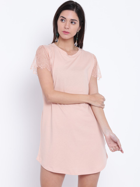 

FOREVER 21 Women Peach-Coloured A-Line Dress with Lace Detail