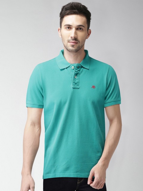 

Aeropostale Men Turquoise Blue Solid Polo Collar T-shirt