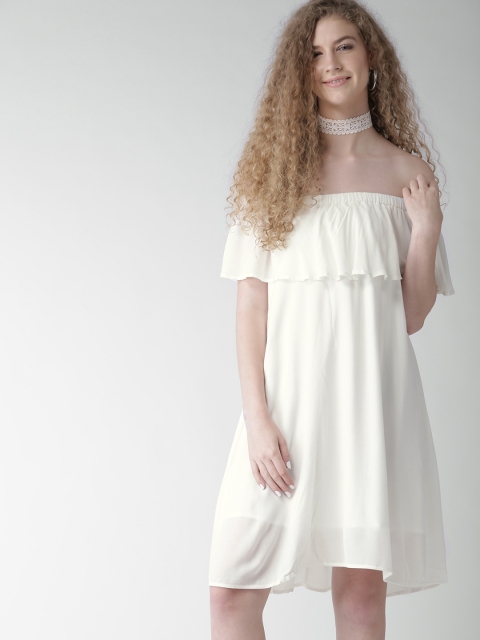 

FOREVER 21 Women Off-White Solid Off-Shoulder A-Line Dress