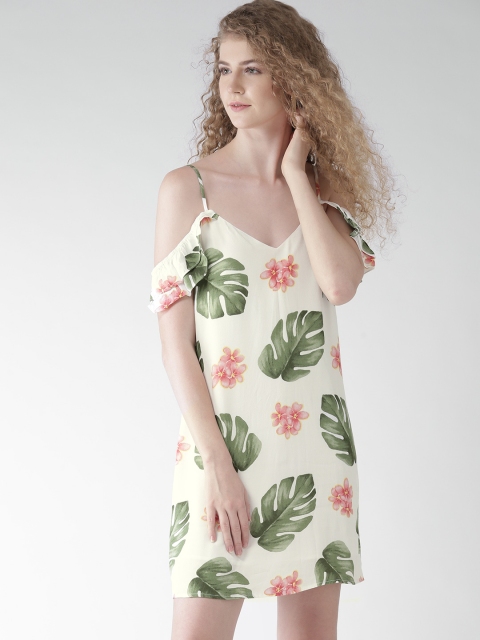 

FOREVER 21 Women White & Green Printed A-Line Dress