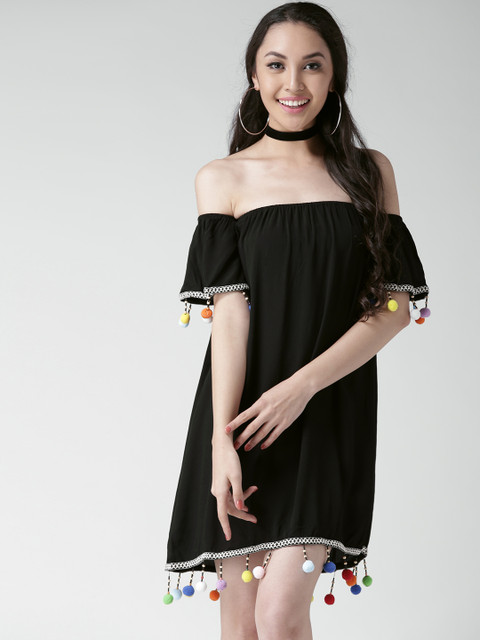 

FOREVER 21 Women Black Solid Off-Shoulder A-Line Dress
