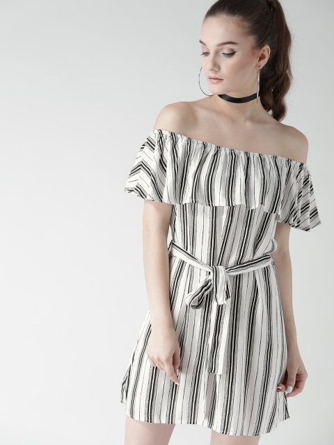 

FOREVER 21 Women White Striped Off-Shoulder A-Line Dress
