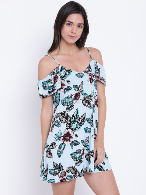 

FOREVER 21 Women Blue Printed Cold-Shoulder A-Line Dress