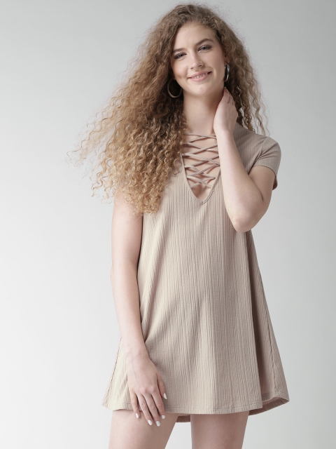 

FOREVER 21 Women Taupe Solid A-Line Dress