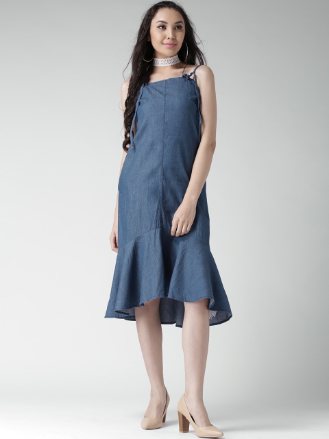 

FOREVER 21 Women Blue Solid Denim Midi A-Line Dress