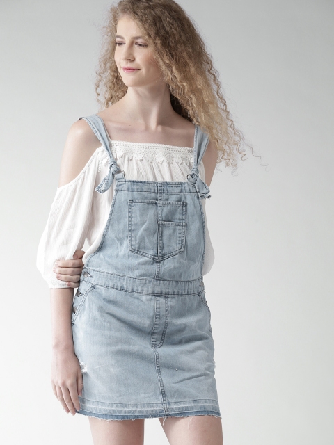 

FOREVER 21 Women Blue Solid Denim Pinafore Dress