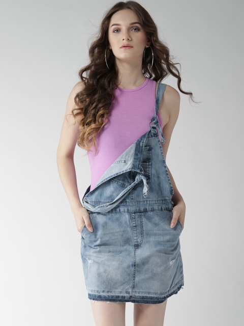 

FOREVER 21 Women Blue Solid Washed Denim Pinafore Dress