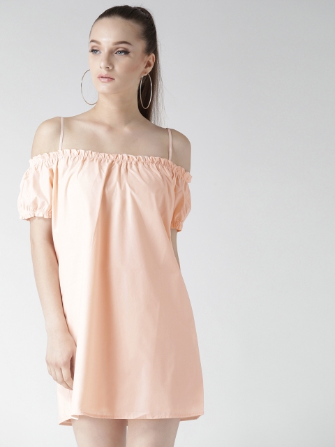 

FOREVER 21 Women Peach-Coloured Solid Mini Shift Dress