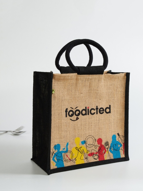 

Home Centre Brown Printed Shopper Handheld Lunch Jute Bag