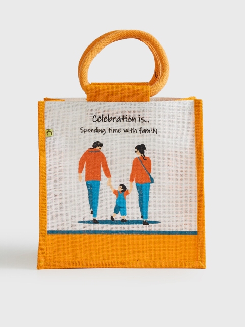 

Home Centre Orange & Beige Family Time Printed Jute Lunch Bag