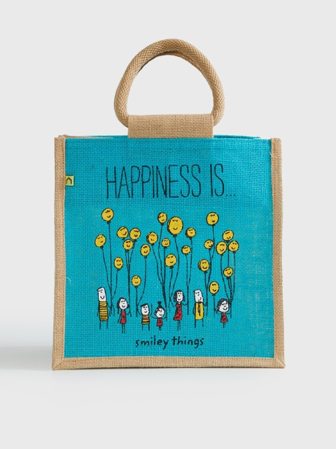 

Home Centre Teal Happiness Smiley Things Printed Jute Lunch Bag