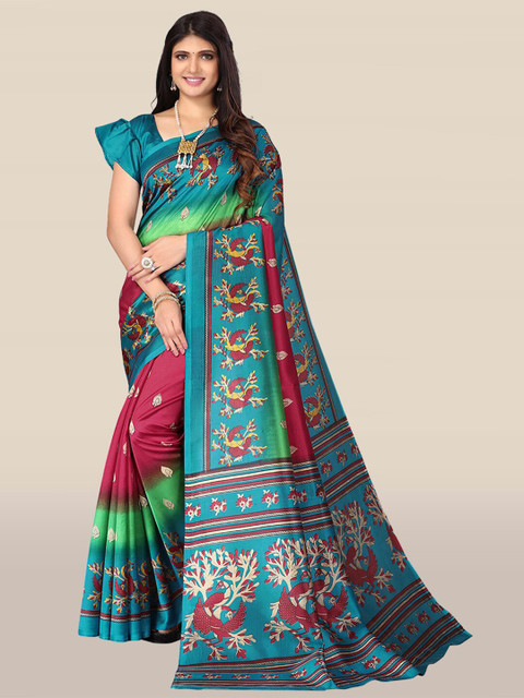 

KALINI Turquoise Blue & Maroon Ethnic Motifs Printed Art Silk Saree