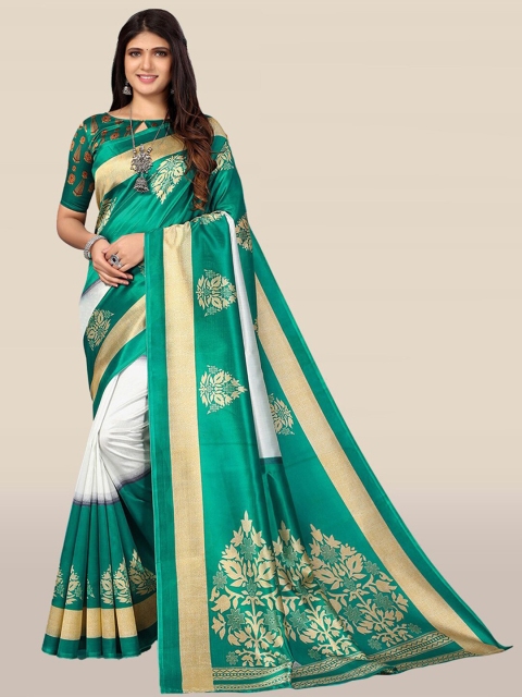 

KALINI Green & White Floral Printed Art Silk Saree