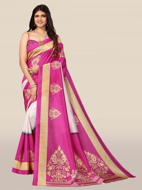 

KALINI Pink & Off White Floral Printed Art Silk Saree