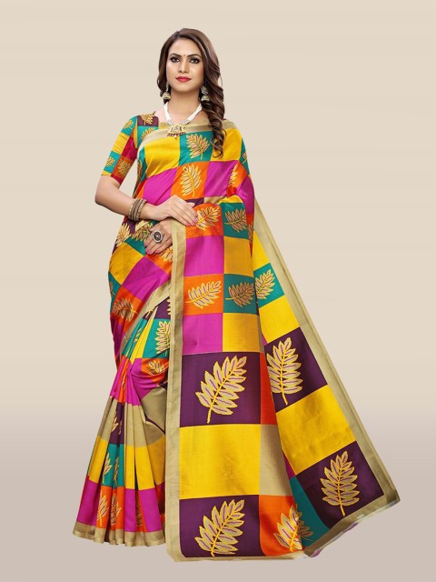 

KALINI Pink & Yellow Floral Printed Art Silk Saree